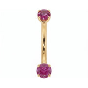 Dainty 2mm pink sapphire prong-set curved barbell in 14k yellow gold, 18 gauge, front view