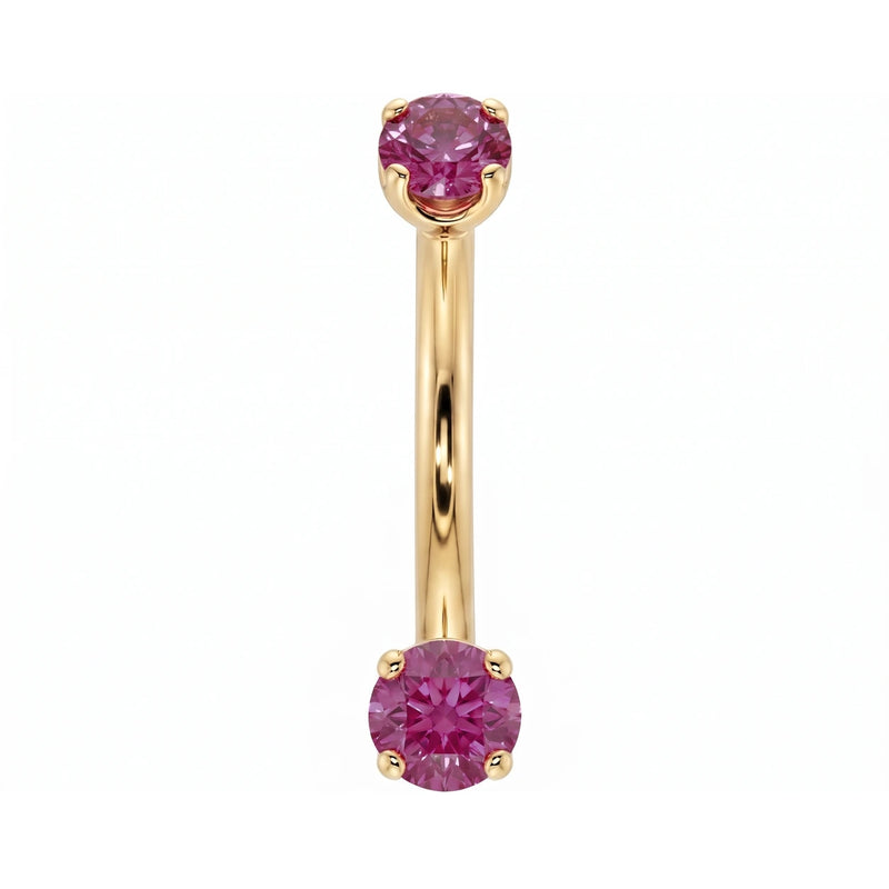 Dainty 2mm pink sapphire prong-set curved barbell in 14k yellow gold, 18 gauge, front view