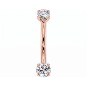 14k rose gold dainty 18G curved barbell with two 2mm round clear gems, front view