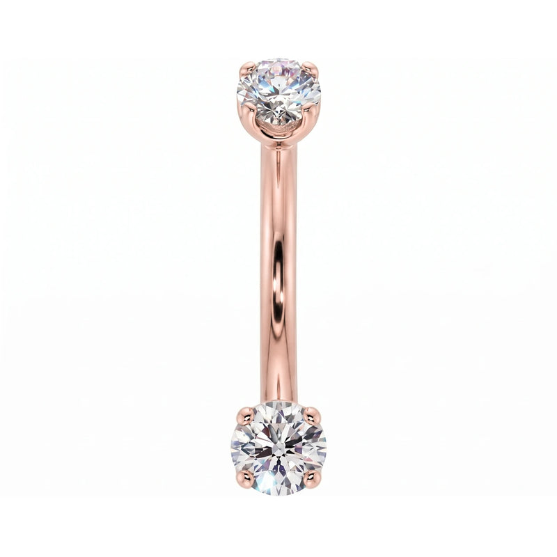 14k rose gold dainty 18G curved barbell with two 2mm round clear gems, front view