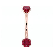 14k rose gold dainty 18G curved barbell with two 2mm round rubies, front view