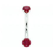 14k white gold dainty 18G curved barbell with two 2mm round rubies, front view
