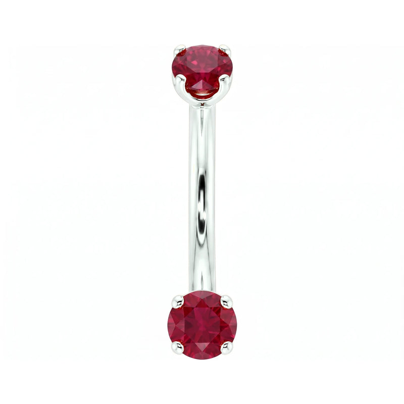 14k white gold dainty 18G curved barbell with two 2mm round rubies, front view