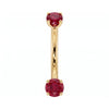 14k yellow gold dainty 18G curved barbell with two 2mm round rubies, front view