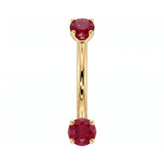 14k yellow gold dainty 18G curved barbell with two 2mm round rubies, front view