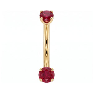 14k yellow gold dainty 18G curved barbell with two 2mm round rubies, front view