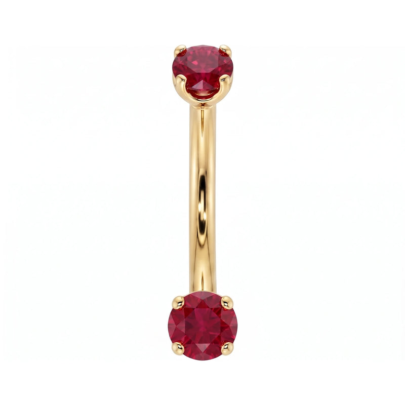 14k yellow gold dainty 18G curved barbell with two 2mm round rubies, front view