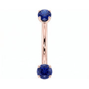 14k rose gold dainty 18G curved barbell with two 2mm round blue sapphires, front view