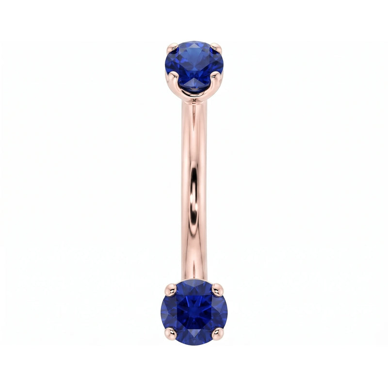 14k rose gold dainty 18G curved barbell with two 2mm round blue sapphires, front view