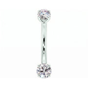 14k white gold dainty 18G curved barbell with two 2mm round clear gems, front view