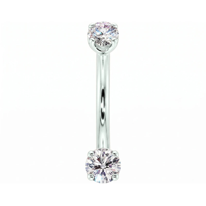 14k white gold dainty 18G curved barbell with two 2mm round clear gems, front view