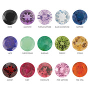 Gemstone color chart showing all 15 options: onyx, amethyst, sapphire, emerald, garnet, fire opal, and more