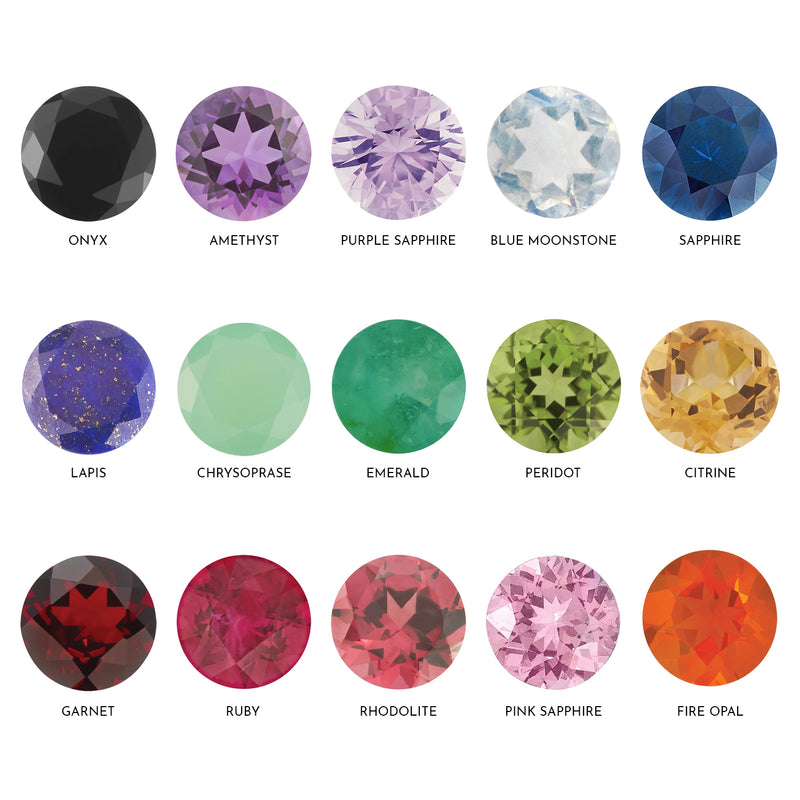 Gemstone color chart showing all 15 options: onyx, amethyst, sapphire, emerald, garnet, fire opal, and more