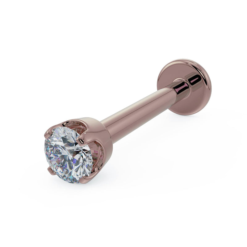 14k rose gold 2mm diamond flat back labret stud, angled front view showing prong basket setting