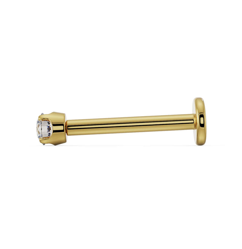 Side profile of 14k yellow gold CZ labret showing full post length and flat disc backing