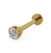 14k yellow gold 2mm diamond flat back labret stud, angled view showing basket prong setting