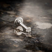 14k white gold 2mm diamond flat back labret stud resting on dark stone surface, lifestyle shot