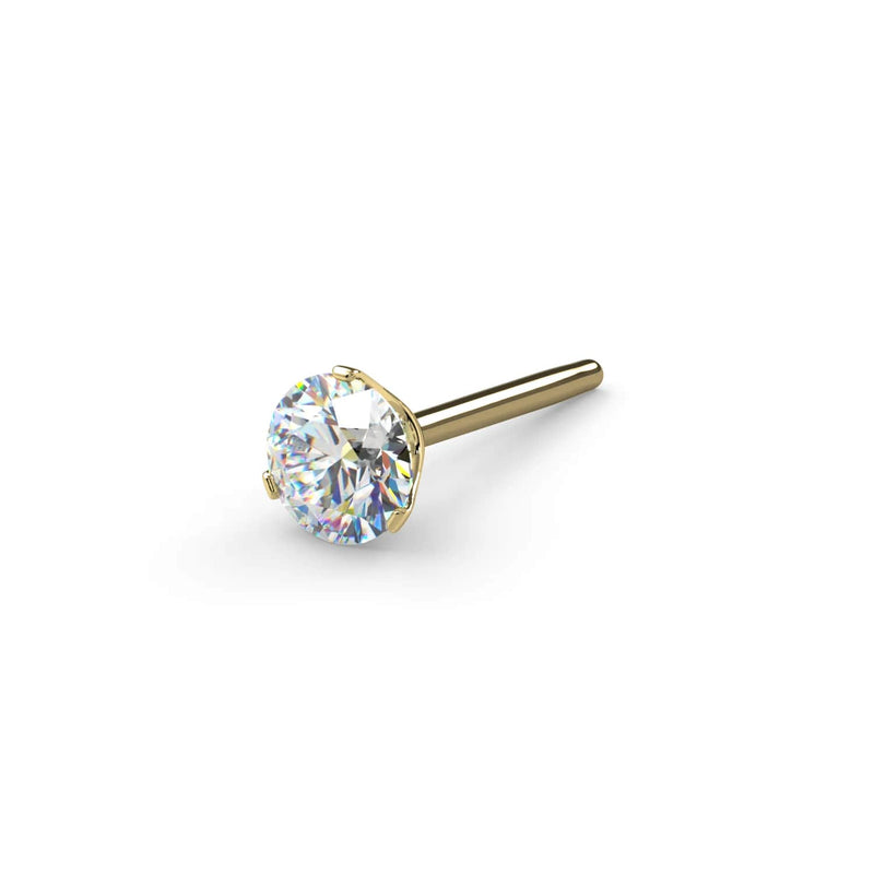 14k yellow gold 3-prong VS1 diamond threadless stud end, angled view showing pin and setting