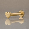 14k yellow gold 2mm heart flat back labret stud, side profile showing post and disc backing