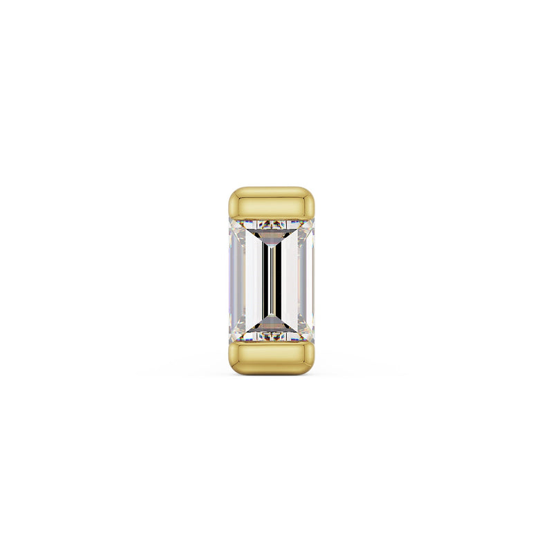 14k yellow gold baguette diamond threadless end front view, medium size showing polished gold bar setting