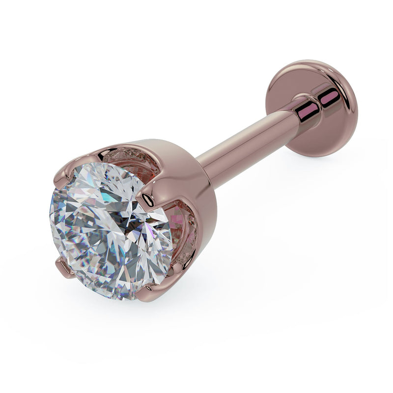 14k rose gold 3.5mm diamond flat back labret stud with prong basket setting, angled front view