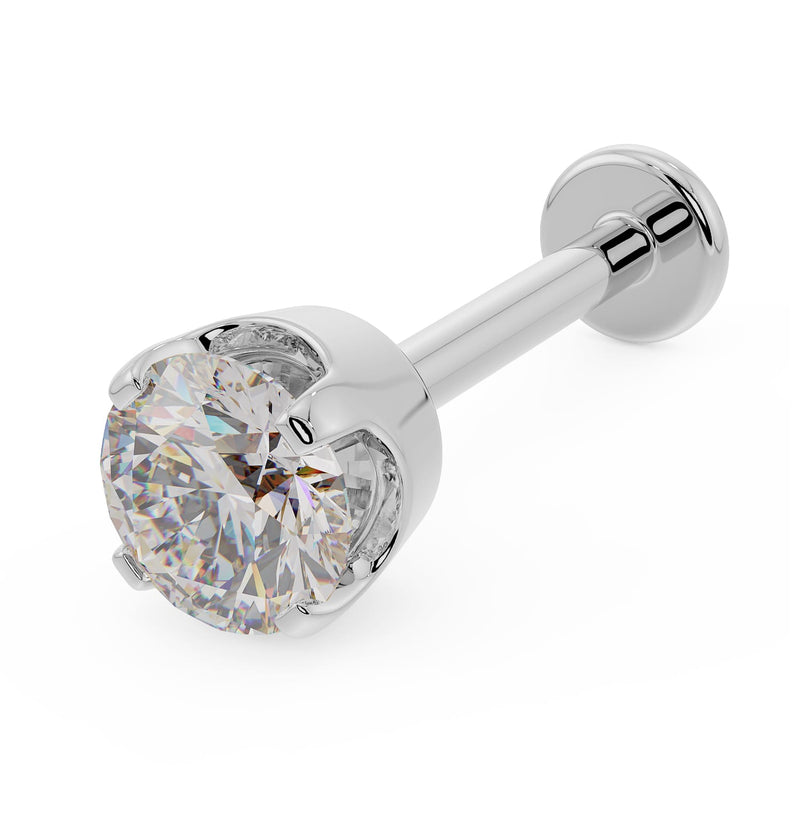 14k white gold 3.5mm diamond flat back labret stud with high-set basket setting, angled front view