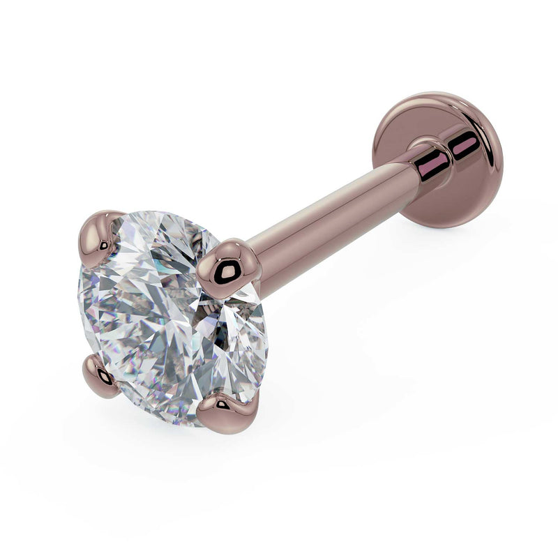 14k rose gold 3.5mm diamond flat back labret, angled front view highlighting four-prong setting