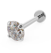 14k white gold 3.5mm diamond flat back labret, angled view showing four-prong setting and post