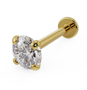 14k yellow gold 3.5mm diamond flat back labret, angled top view showing four-prong martini setting