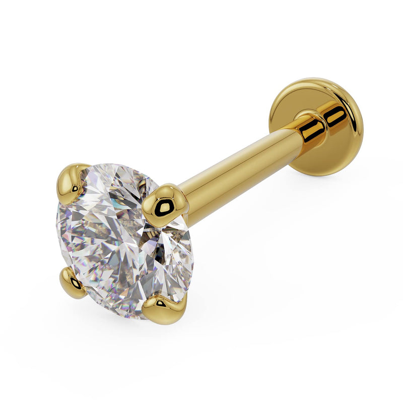 14k yellow gold 3.5mm diamond flat back labret, angled top view showing four-prong martini setting