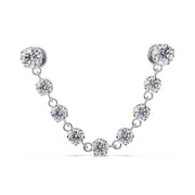 14K white gold CZ connector flat back studs with nine-stone draped chain, front view