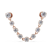 14K rose gold CZ connector flat back studs with nine-stone draped chain, front view