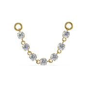 14K yellow gold Lyra earring connector with seven prong-set CZ stones and jump rings, front view
