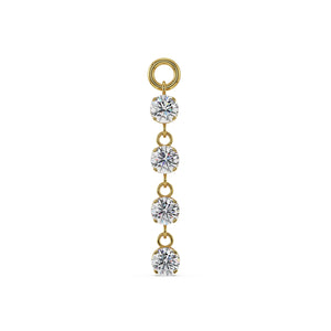 14k yellow gold brilliant drop piercing charm with four dangling round CZ stones, front view