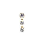 14K yellow gold trinity drop labret stud with three cascading prong-set CZ stones, front view