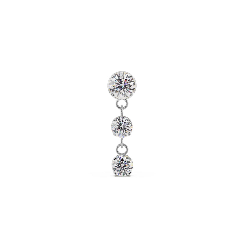 14K white gold trinity drop flat-back stud with three vertically stacked CZ stones, front view