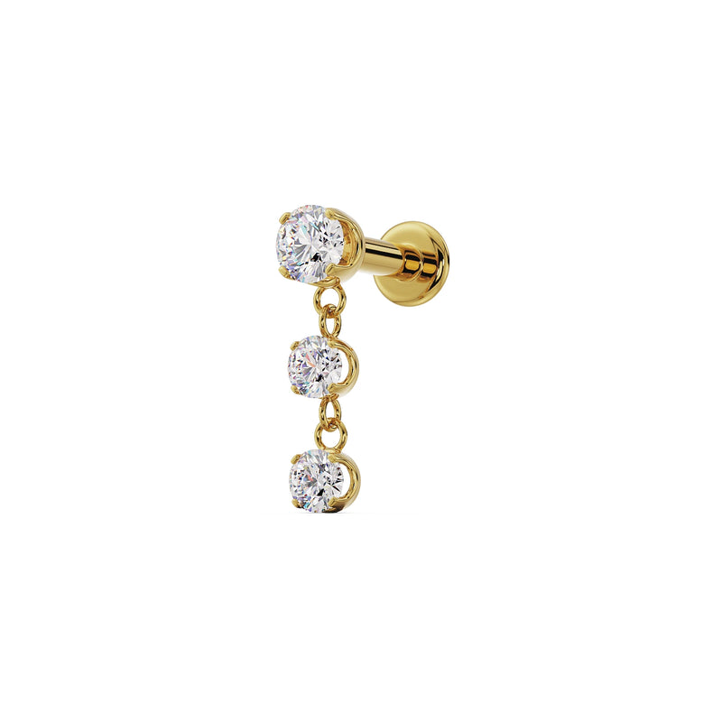 Side angle of 14K yellow gold trinity CZ drop labret stud showing flat-back post and disc backing