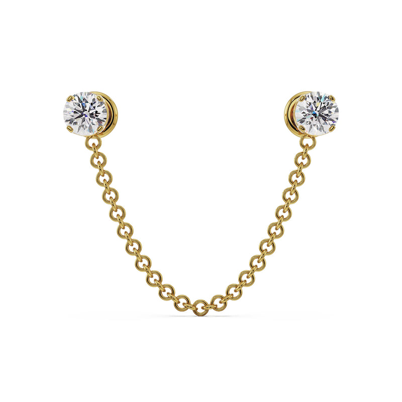 14k yellow gold duo gem chain connector earring end-only view, showing bezel-set round CZ and chain