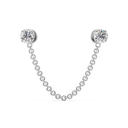 14k white gold duo gem chain connector labret with two round CZ studs and cable chain, front view