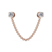 14k rose gold duo gem chain connector earring end-only view, two bezel-set CZ gems with cable chain