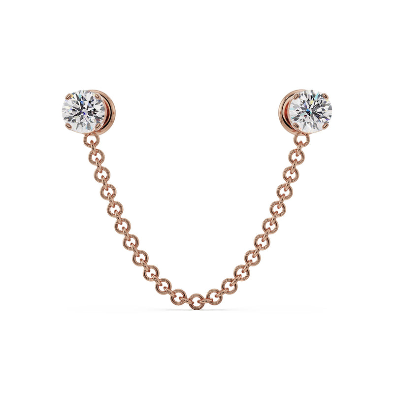 14k rose gold duo gem chain connector earring end-only view, two bezel-set CZ gems with cable chain