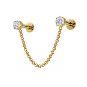 14k yellow gold duo gem chain connector flat back labret with two CZ studs linked by dainty chain
