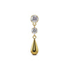 14K yellow gold dew drop flat back labret stud with two CZ stones and polished teardrop charm