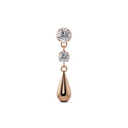 14K rose gold dew drop flat back labret stud with two round CZ stones and polished teardrop charm