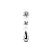 14K white gold dew drop flat back labret stud with dual CZ stones and polished silver teardrop charm