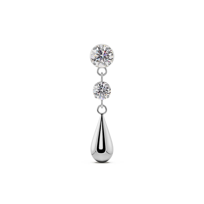 14K white gold dew drop flat back labret stud with dual CZ stones and polished silver teardrop charm