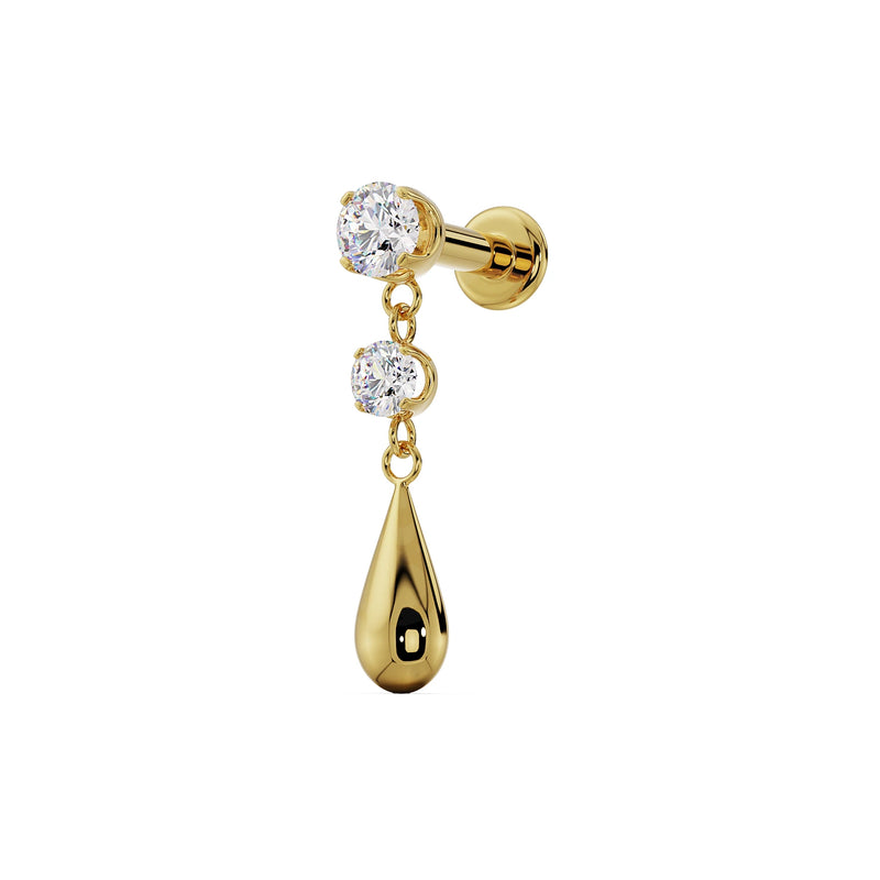 Side profile of 14K yellow gold dew drop flat back labret showing post, dual CZ, and teardrop charm