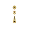 14k yellow gold dew drop flat back labret with dual dome spheres and teardrop dangle, front view