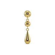 14k yellow gold dew drop flat back labret with dual dome spheres and teardrop dangle, front view