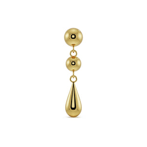 14k yellow gold dew drop flat back labret with dual dome spheres and teardrop dangle, front view